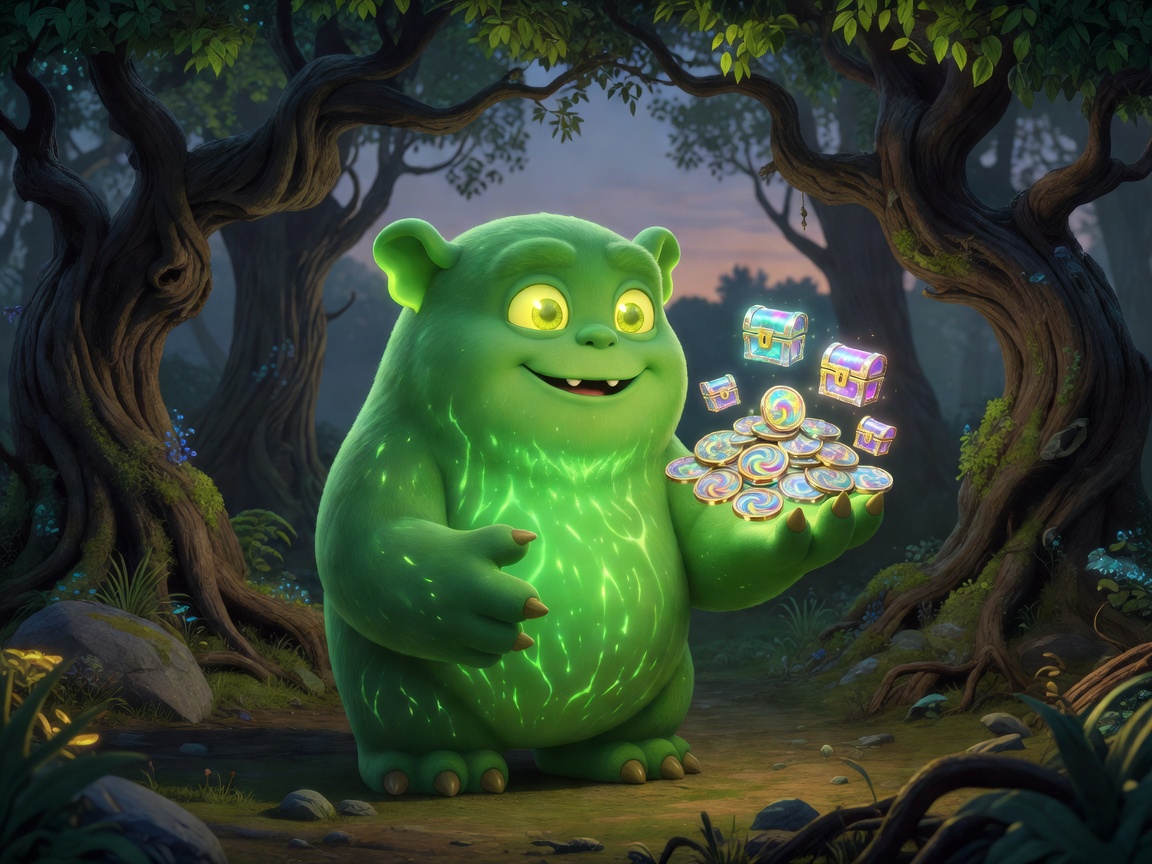 A friendly glowing green monster offering daily rewards