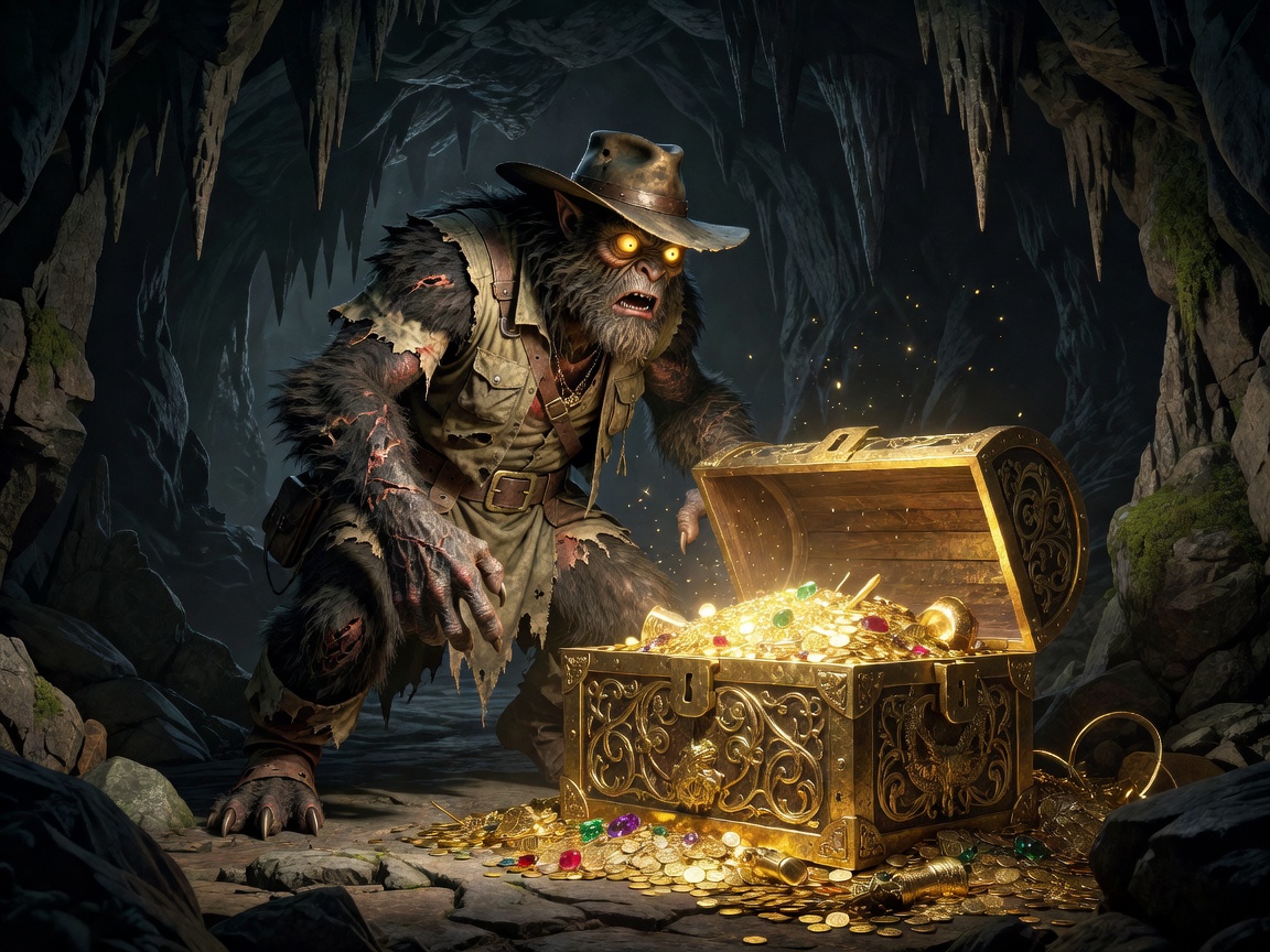 A monster explorer discovering a golden treasure chest